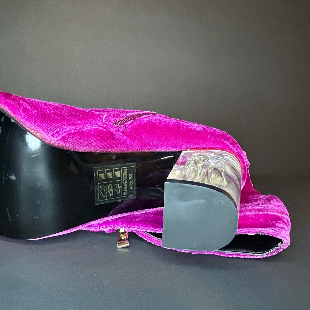 New Wide Calf Size 8W Pink Magenta Velvet With Clear Chunky Heel Boots - Picture 13 of 16
